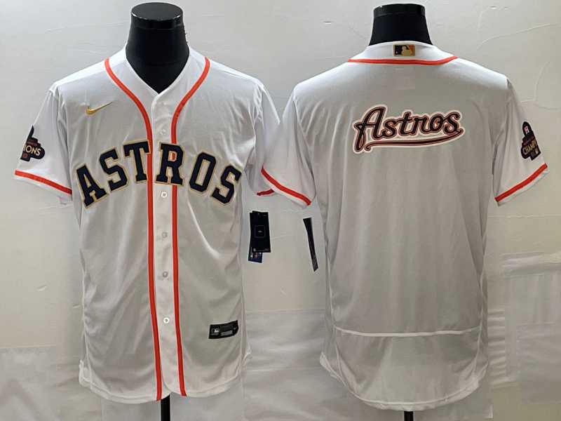 Men%27s Houston Astros Big Logo 2023 White Gold World Serise Champions Patch Flex Base Stitched Jerseys